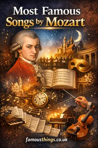 Most famous songs by Mozart including Eine kleine Nachtmusik, The Magic Flute, and Symphony No. 40 with classical music illustration